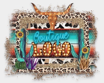 Western Boutique Logo: Serape Cowhide, Cactus, Longhorn Skull (Blank PNG JPEG)