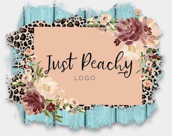 Logotipo de boutique con estampado floral de leopardo y melocotón: Diseño rústico occidental en blanco (descarga digital PNG JPEG)