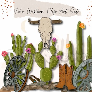 Western ClipArt Set, Boho Western Graphics, Cactus Graphics, Bull Skull Graphic, Wagon Wheel PNG, Cowgirl Boots Spur, Southwest Graphics PNG
