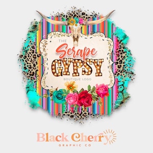 May include: A colorful logo design with a cow skull, flowers, and the text "The Serape Gypsy Boutique Logo" in a vintage style.