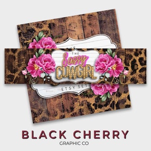 May include: A digital graphic design featuring a leopard print background with a wooden plank texture. The design includes a pink floral arrangement and a sign that reads "The Sassy Cowgirl Etsy Set".