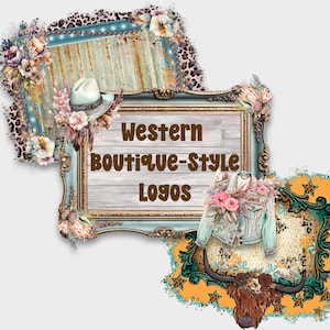May include: A digital graphic featuring the text Western Boutique-Style Logos centered within an ornate, light blue frame. The design includes floral accents, a cowboy hat, a denim jacket, a highland cow head, and leopard print patterns.