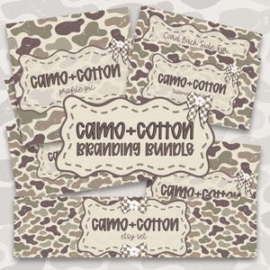 May include: A collection of stationery items with a camouflage pattern in shades of brown, tan, and green. Each piece features the text "camo+cotton" and is adorned with a small bow. The set includes items labeled "profile pic", "business card", and "etsy set".