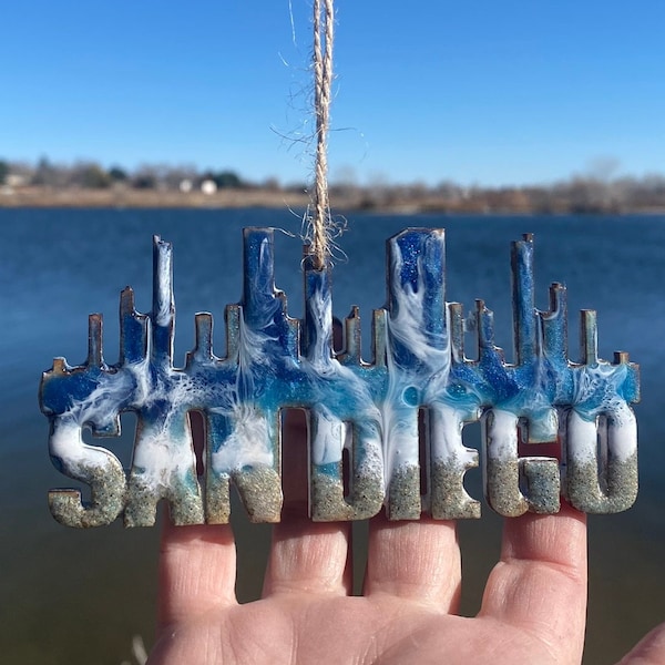 San DIego California Ornament Los Angeles New York and Miami City Skyline Ornaments, Christmas Ornament With Real California Sand