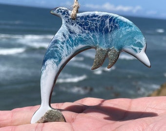 Swimming Dolphin Ornament or Magnet, Beach Ornament with Ocean Wave, San Francisco Ornament, Resin One Of A Kind, Real Sand, Wall Decoration