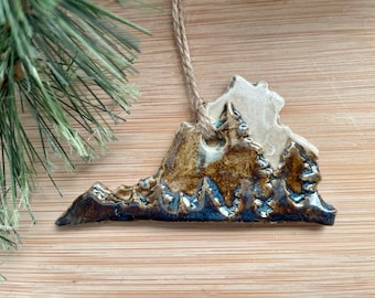 Virginia Rustic Ornament- Ceramic Mountain and Forest State Ornament, Decoration, Christmas Ornament, Handmade and Hand Rolled