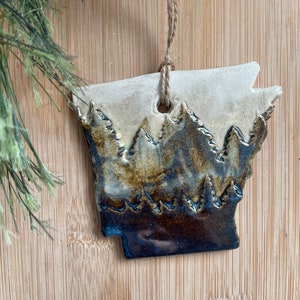 Arkansas Rustic Ornament- Ceramic Mountain and Forest State Ornament, Decoration, Christmas Ornament, Handmade and Hand Rolled