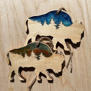 Buffalo Bison Wood and Resin Ornament, Trees Rustic Ornament-Woodland and Forest Animals Ornament, Christmas Ornament, Handmade