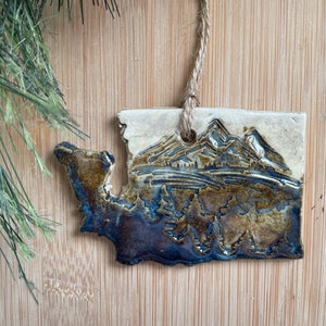 Washington Rustic Ornament- Ceramic Mountain and Forest State Ornament, Decoration, Christmas Ornament, Handmade and Hand Rolled