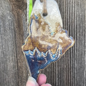 Maine Rustic Ornament- Ceramic Mountain and Forest State Ornament, Decoration, Christmas Ornament, Handmade and Hand Rolled