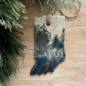 Indiana Rustic Ornament- Ceramic Mountain and Forest State Ornament, Decoration, Christmas Ornament, Handmade and Hand Rolled