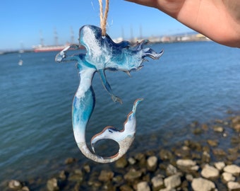 Mermaid Ornament or Magnet or Keychain, Mermaid is Resin One Of-A-Kind, With Real Sand, Ocean Waves, Also in Wall Decoration