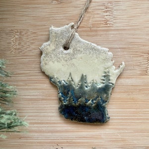 Wisconsin Rustic Ornament- Ceramic Mountain and Forest State Ornament, Decoration, Christmas Ornament, Handmade and Hand Rolled