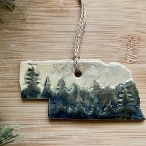 Nebraska Rustic Ornament- Ceramic Mountain and Forest State Ornament, Decoration, Christmas Ornament, Handmade and Hand Rolled