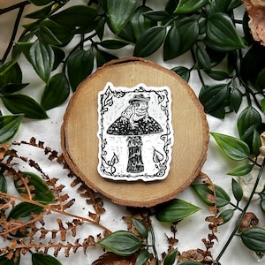May include: A black and white sticker depicting a frog in a hat on a mushroom. The mushroom has a dotted cap and a textured stem. The sticker is framed by a border of leaves and vines. The sticker is placed on a wooden slice.