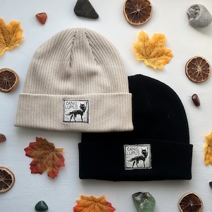 wolf beanie, lino printed, handmade