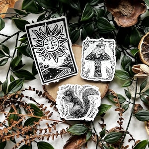 May include: Three black and white stickers with nature-themed designs. One features a sun with a face, another a frog on a mushroom, and the last a squirrel. The stickers are arranged on a wooden slice surrounded by greenery.
