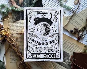 the meow moon print, A6, postcard, premium paper, cottagecore, cat, tarot card, pet