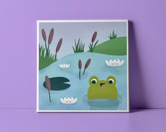 Froggy In Pond Art Print / Kawaii, Illustration, Cute Wall Art, Wall Decor by wickednadiastudio