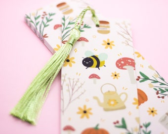 Cottagecore Bookmark / Cute, Toadstools, Mushroom, Bee, Hand Drawn Illustration by wickednadiastudio