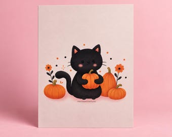 Halloween Cat A6 Print, Black Cat with Pumpkins
