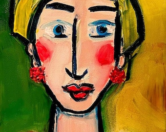 May include: A painting of a woman with short blonde hair, wearing red earrings and a blue shirt. The background is green and yellow.