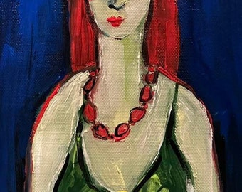 May include: A painting of a woman with red hair wearing a green top and a red necklace. The background is a dark blue.
