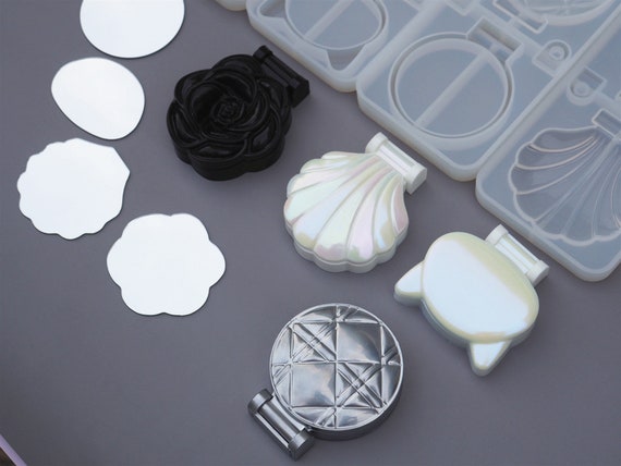 Makeup Mirror Silicone Resin Mold-Creative Shell Cat Rose Round Shape Mirror Resin Molds-Handmade Makeup Mirror Mold