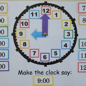 May include: A black and white clock face with colorful numbers and hands. The hands are movable and can be positioned to show different times. The clock face is surrounded by a white border and the text "Make the clock say: 9:00" is printed below the clock. There are several colorful squares with numbers representing different times.