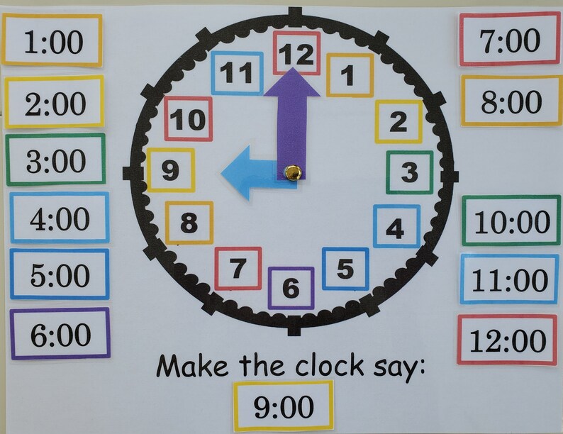 May include: A black and white clock face with colorful numbers and hands. The hands are movable and can be positioned to show different times. The clock face is surrounded by a white border and the text "Make the clock say: 9:00" is printed below the clock. There are several colorful squares with numbers representing different times.