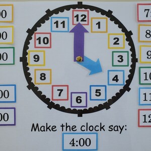 May include: A colorful clock face with numbers 1 through 12, with a purple hour hand pointing to the 12 and a blue minute hand pointing to the 4. The clock face is surrounded by a black circle with white teeth. There are several colorful squares with numbers and times written on them, including 1:00, 2:00, 3:00, 5:00, 6:00, 7:00, 8:00, 9:00, 10:00, 11:00, and 12:00. The text "Make the clock say: 4:00" is written below the clock.