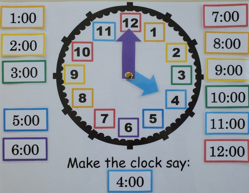 May include: A colorful clock face with numbers 1 through 12, with a purple hour hand pointing to the 12 and a blue minute hand pointing to the 4. The clock face is surrounded by a black circle with white teeth. There are several colorful squares with numbers and times written on them, including 1:00, 2:00, 3:00, 5:00, 6:00, 7:00, 8:00, 9:00, 10:00, 11:00, and 12:00. The text "Make the clock say: 4:00" is written below the clock.
