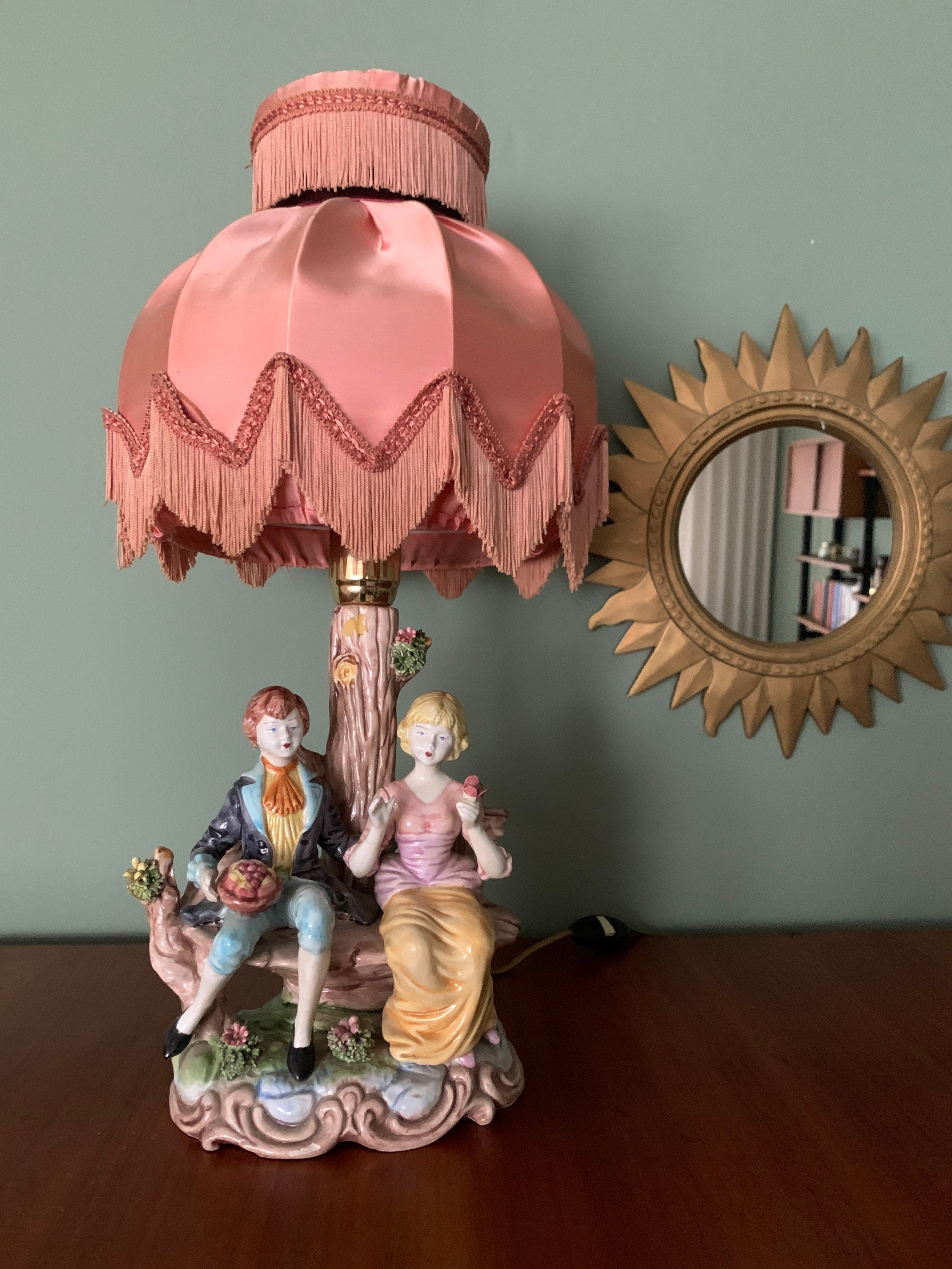 Beautiful Porcelain Capodimonte Lamp with shade. Scenery of Etsy