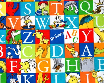 Blue Dr Seuss Characters ABC Cotton Fabric by the Yard