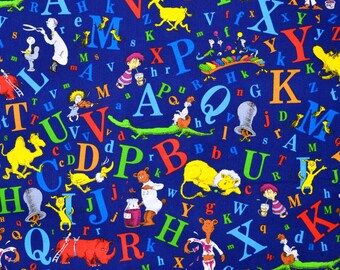 Blue Dr Seuss Characters ABC Cotton Fabric by the Yard