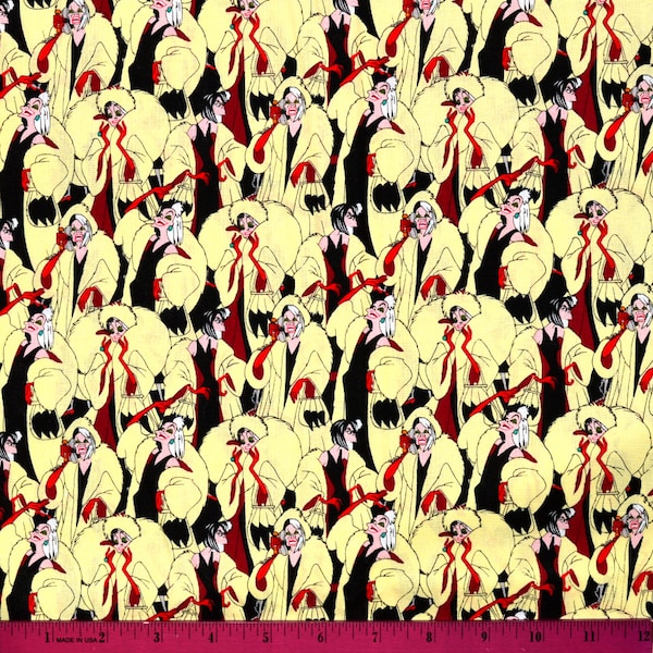 Sale!! CRUELLA DEVILLE FABRIC | Sold By The Half Yard! Continuous Cut! | 100% Quilting Cotton | Disney Villains Villainess 101 Dalmatians