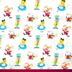 Uitverkoop!!! ALICE in WONDERLAND-STOF | Verkocht op halve meter! | Doorlopende snede! | 100% quiltkatoen | Kawaii Disney Mad Hatter wit konijn