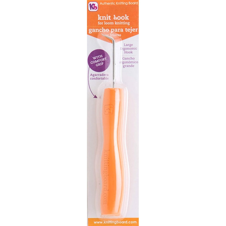 May include: Orange knit hook with a large ergonomic hook and a comfortable grip. The packaging says "Authentic Knitting Board knit hook for loom knitting gancho para tejer".