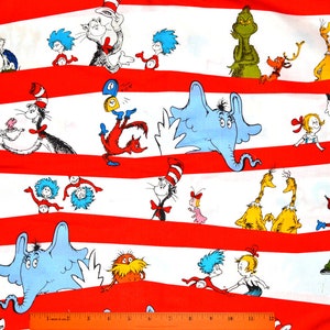 DR. SEUSS FABRIC | Sold By The Half Yard! | Continuous Cut! | 100% Quilting Cotton | Cat in the Hat Doctor Seuss Horton Red White