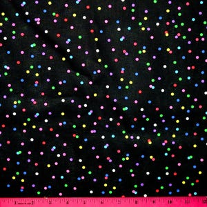 May include: Black fabric with a colourful confetti pattern. The fabric is covered in small, randomly placed dots in various colours, including red, yellow, green, blue, pink, and white.