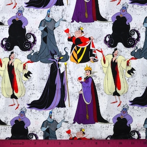 DISNEY VILLAINS FABRIC | Sold By The Half Yard! | Continuous Cut! | 100% Quilting Cotton | Evil Queen of Hearts Maleficent Ursula White