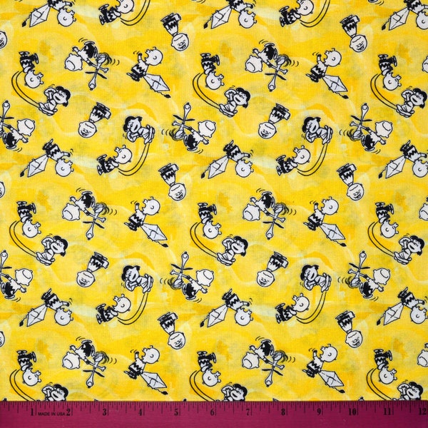 CHARLIE BROWN FABRIC | Sold By The Half Yard! | Continuous Cut! | 100% Quilting Cotton | Peanuts Lucy Kite Football Yellow