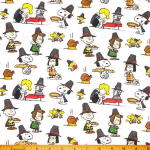PEANUTS THANKSGIVING FABRIC | Sold By The Half Yard! | Continuous Cut! | 100% Quilting Cotton Fall Autumn Charlie Brown Pilgrim Snoopy White