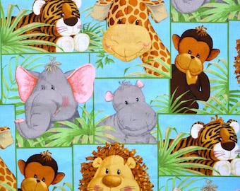 JUNGLE BABIES FABRIC | Sold By The Half Yard! | Continuous Cut! | 100% Quilting Cotton | Baby Nursery Infant Animals Elephant Giraffe Blue