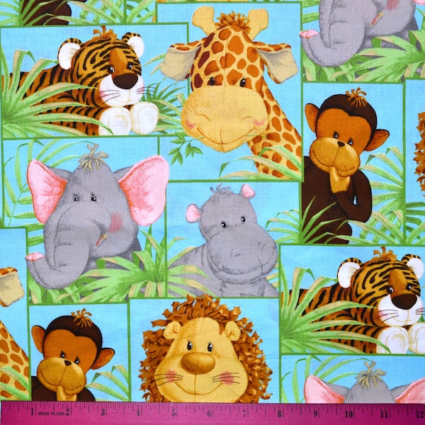 JUNGLE BABIES FABRIC | Vendu par The Half Yard! | Coupe continue! | 100% coton matelassé | Bébé Bébé Animaux Nourrissons Éléphant Girafe Bleu