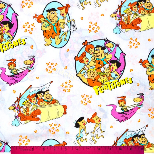 FLINTSTONES WHITE FABRIC | Sold By The Half Yard! | Continuous Cut! | 100% Quilting Cotton | Flinstones Fred Barney Wilma Betty Dino Pebbles