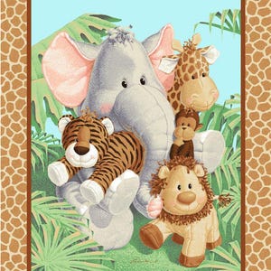 JUNGLE BABIES FABRIC Panel | Fabric For Sewing Quilting Blanket Quilt | Elephant Giraffe Tiger Monkey Lion | Baby Toddler Kid Safari Animals