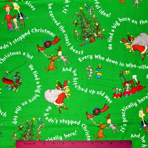Dr. SEUSS GRINCH FABRIC | Sold By The Half Yard! | Continuous Cut! | 100% Quilting Cotton | Christmas Holiday Whos Whoville Max Green