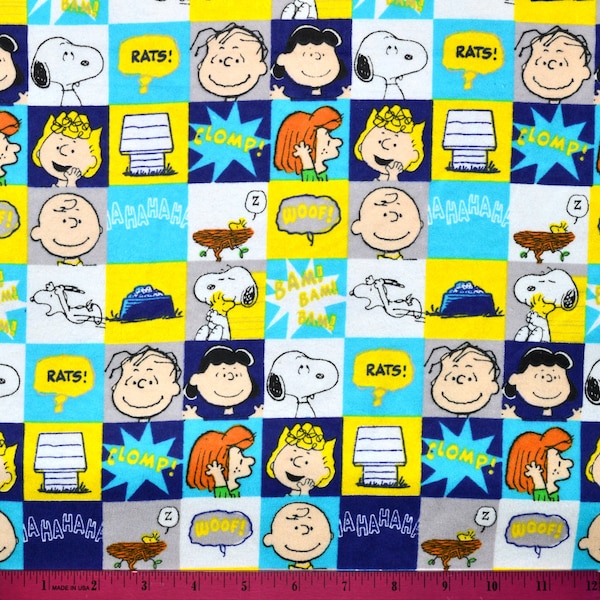 Flannel!! | PEANUTS FABRIC | Sold By The Half Yard! | Continuous Cut! | 100% Cotton | Snoopy Charlie Brown Lucy Yellow Blue White