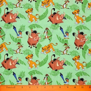 LION KING FABRIC | Sold By The Half Yard! | Continuous Cut! | 100% Quilting Cotton | Disney Simba Pumbaa Timon Zazu Green Leaves